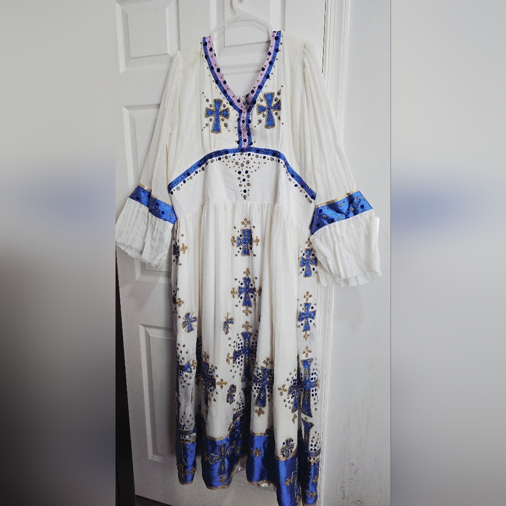 Hand Crafted White and Blue Embroidered Dress